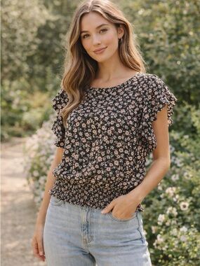 Pleione Floral Smocked Blouse Ruffle Sleeve Top Cottagecore Romantic Chic Size L